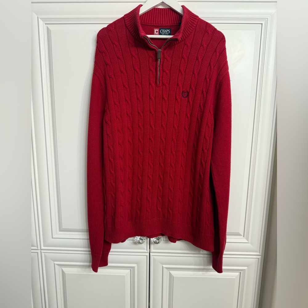 Chaps XL Red 1/4 Zip Chunky Fisherman Cable Knit Mock Neck Sweater